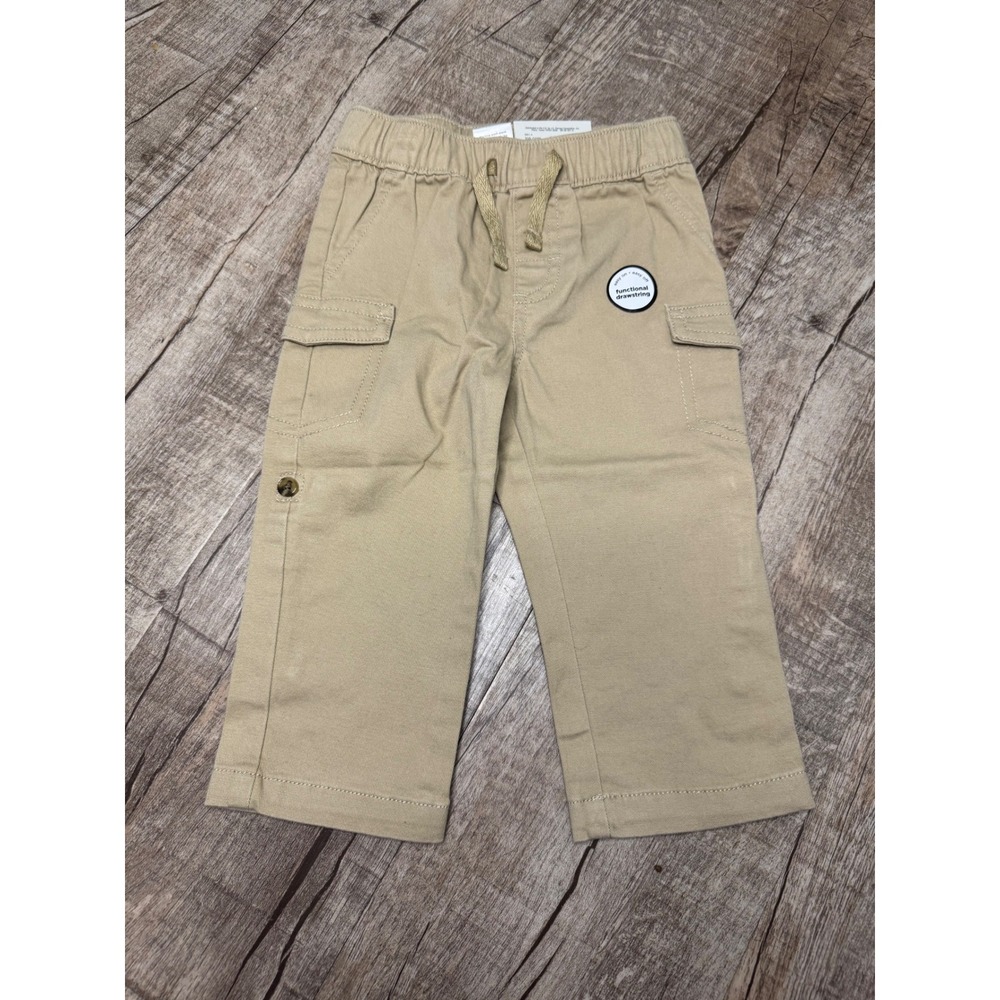 Okie Dokie Baby Boys Khaki Cargo Pants 12 Months Tan Elastic Waist Uniform New